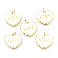 Brass Enamel Pendants, Long-Lasting Plated, Real 18K Gold Plated, with Jump Rings, for Valentine's Day, Heart with Word LOVE, White, 17.5x20x2.5mm, Hole: 3mm(KK-B027-03G-D)