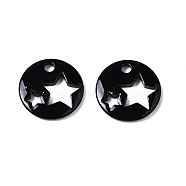 Spray Painted Brass Charms, Flat Round with Star, Black, 14.5x14.5x2.5mm, Hole: 2mm(X-KK-Q252-003A)