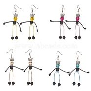 4 Pair 4 Color Synthetic Turquoise & Natural Lava Rock Braided Skeleton Dangle Earrings, 316 Surgical Stainless Steel Long Drop Earrings for Halloween, Mixed Color, 79mm, Pin: 0.8mm, 1 Pair/color(EJEW-TA00226)