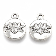 Tibetan Style Alloy Pendants, Cadmium Free & Lead Free,, Flat Round with Lotus, Antique Silver, 16x13x3mm, Hole: 1.8mm, about 630pcs/1000g(TIBE-S314-33AS-LF)