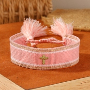 Cross Embroidered Tassel Cloth Woven Braid Bracelet, Pink, Inner Diameter: 2-1/8~2-5/8 inch(5.5~6.8cm)(PW-WG23157-05)