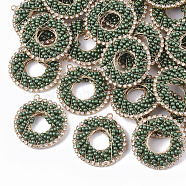 Handmade Woven Pendants, Wire Wrapped Pendants, with Glass Beads and Golde Brass Findings, Crystal Rhinestone, Ring, Dark Green, 28.5x26.5x4mm, Hole: 1.5mm(FIND-S306-13B)