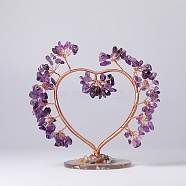 Natural Amethyst Chips Love Heart Tree Decorations, Copper Wire Feng Shui Energy Stone Gift for Home Desktop Decoration, 150~155x80~85x135~140mm(DJEW-P017-B01)