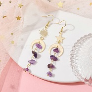 Moon & Sun & Star Brass Asymmetrical Earrings, Natural Amethyst Chips Tassel Earrings, 76~85x18mm(EJEW-JE05461-01)