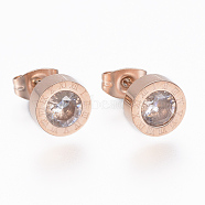 304 Stainless Steel Stud Earrings, with Cubic Zirconia, Flat Round Carved Roman Numberals, Rose Gold, 8x3.5mm, Pin: 0.8mm(EJEW-H349-06RG)