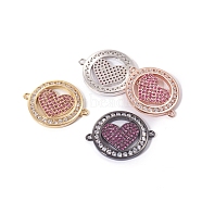 Brass Micro Pave Cubic Zirconia Links connectors, Flat Round with Heart, Deep Pink & Clear, Mixed Color, 20x24.5x2.5mm, Hole: 1.2mm(ZIRC-L090-034)
