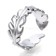 304 Stainless Steel Leaf Open Cuff Ring for Women, Stainless Steel Color, US Size 6 3/4(17.1mm)(RJEW-N040-28)