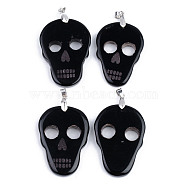 Halloween Themed Natural Agate Big Pendants, with Platinum Plated Brass Pinch Bail, Dyed, Skull, Black, 50~53x35~36x5~6mm, Hole: 6.5x4mm(G-S359-181H)