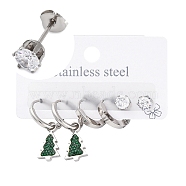 3 Pairs 3 Styles Christmas 304 Stainless Steel Hoop & Studs Earrings Set for Women, with Rhinestone & Cubic Zirconia, Stainless Steel Color, Christmas Tree, 13~26x2~8.5mm, 1 pair/style(EJEW-K279-11B-P)