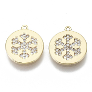 Brass Micro Pave Cubic Zirconia Charms, Nickel Free, Flat Round with Snowflake, Clear, Real 18K Gold Plated, 14x12x1mm, Hole: 1mm(KK-N232-71-NF)