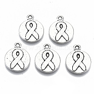 Tibetan Style Alloy Pendants, Flat Round with Silk Ribbon, Cadmium Free & Lead Free, Antique Silver, 20x16x2mm, Hole: 2mm(X-TIBEP-S319-105AS-RS)
