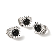 Natural Obsidian Sun & Moon Open Cuff Rings, Platinum Brass Jewelry for Women, Lead Free & Cadmium Free, Inner Diameter: 17~18mm(RJEW-K241-01P-06)