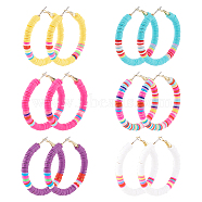 ANATTASOUL 6 Pairs 6 Colors Polymer Clay Heishi Surfer Beaded Hoop Earrings, Alloy Jewelry for Women, Mixed Color, 51x50x6mm, Pin: 0.8mm, 1 Pair/color(EJEW-AN0002-23)