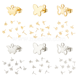 60Pcs 6 Style 304 Stainless Steel Stud Earring Findings, with Horizontal Loops and 201 Stainless Steel Ear Nuts/Earring Backs, Butterfly, Golden & Stainless Steel Color, 8~10x9~12mm, Hole: 1.2~1.4mm, Pin: 0.8mm, 10Pcs/style(STAS-DC0010-11)