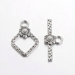 Tibetan Style Alloy Toggle Clasps, Lead Free & Cadmium Free & Nickel Free, Rhombus, Antique Silver Color, Size: Rhombus: about 21mm long, 15mm wide, 2mm thick, Bar: 24mm long, 10mm wide, 2mm thick, hole: 2mm(X-TIBEB-A101564-AS-FF)