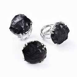 Adjustable Natural Rough Raw Obsidian Finger Rings, with Brass Findings, Nuggets, Platinum, Size 8~9, 18~19.5mm(RJEW-F100-05P)