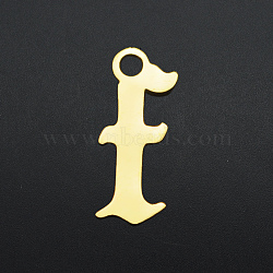 201 Stainless Steel Charms, Laser Cut, Letter, Golden, Letter.F, F:10x4x1mm, Hole: 1.2mm(STAS-S105-JA570-F)