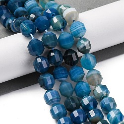 Natural Banded Agate(Dyed & Heated) Beads Strands, Energy Prism Cut Double Terminated Points Beads, Faceted Bicone Barrel Drum Beads, Blue, 10~10.5x8.5~9.5mm, Hole: 1.4mm, about 39pcs/strand, 15.75 inch(40cm)(G-C171-D01-01)