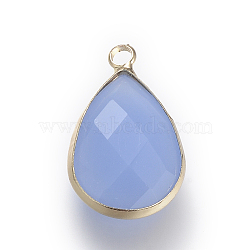 Glass Pendants, with Brass Findings, Faceted, Drop, Light Gold, Cornflower Blue, 18x10.5x4.5mm, Hole: 1.8~2.3mm(X-GLAA-S110-B-16)