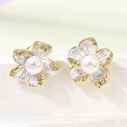 Brass Micro Pave Cubic Zirconia Enamel Stud Earrings, Flower, with ABS Plastic Pearl, Cadmium Free & Lead Free, Rack Plating, Long-Lasting Plated, Golden, 16.5x17mm(CU-CBABA66-12A-G)