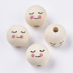 Natural Wood European Beads, Printed, Large Hole Beads, Round, Old Lace, 15~16mm, Hole: 4mm(X1-WOOD-S055-17)