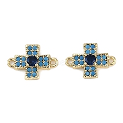 Brass Blue Cubic Zirconia Connector Charms, Cross Links, Real 18K Gold Plated, 13.5x9.5x3mm, Hole: 1.2mm(KK-I719-01G)