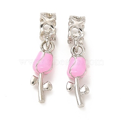 Rack Plating Alloy Pearl Pink Enamel European Dangle Charms, Large Hole Charms, Rose, Platinum, 26mm, Rose: 18.5x6.5x5.5mm, Hole: 5.7mm(PALLOY-P289-13P)