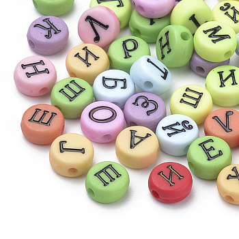 Opaque Acrylic Beads, Alphabet Style, Flat Round with Russian Alphabet, Mixed Color, 7x4mm, Hole: 1mm, about 3700pcs/500g