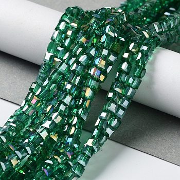 Electroplate Glass Bead Strands, AB Color Plated, Faceted, Cube, Teal, 4x4x4mm, Hole: 1mm, about 98pcs/strand, 15.7 inch