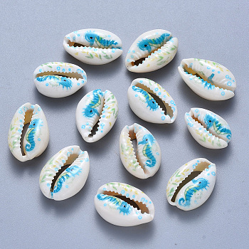 Printed Cowrie Shell Beads, No Hole/Undrilled, Sea Horse Pattern, Deep Sky Blue, 17.5~21.5x12~14.5x5.5~7.5mm