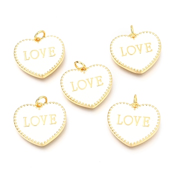 Brass Enamel Pendants, Long-Lasting Plated, Real 18K Gold Plated, with Jump Rings, for Valentine's Day, Heart with Word LOVE, White, 17.5x20x2.5mm, Hole: 3mm