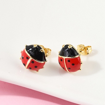 Brass Stud Earrings, with Enamel, Ladybird, Real 18K Gold Plated, 12x12mm