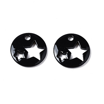 Spray Painted Brass Charms, Flat Round with Star, Black, 14.5x14.5x2.5mm, Hole: 2mm