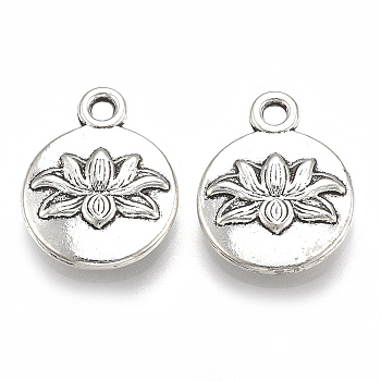 Tibetan Style Alloy Pendants, Cadmium Free & Lead Free,, Flat Round with Lotus, Antique Silver, 16x13x3mm, Hole: 1.8mm, about 630pcs/1000g