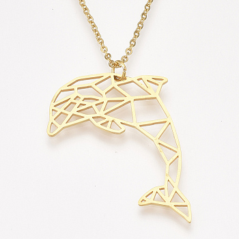 201 Stainless Steel Dolphin Pendant Necklaces, with Cable Chains, Golden, 17.5 inch~17.9 inch(44.5~45.5cm), 1.5mm, Dolphin: 31.5x40x1mm