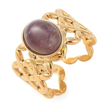 Oval Natural Amethyst Finger Rings, Ion Plating(IP) 304 Stainless Steel Hollow Wide Cuff Rings for Women, Soldered, Real 14K Gold Plated, Oval: 11.5x9.5mm, Adjustable