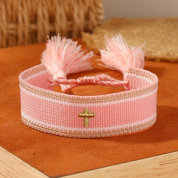Cross Embroidered Tassel Cloth Woven Braid Bracelet, Pink, Inner Diameter: 2-1/8~2-5/8 inch(5.5~6.8cm)