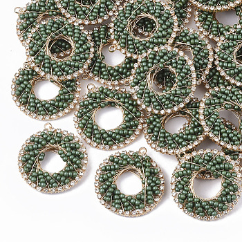 Handmade Woven Pendants, Wire Wrapped Pendants, with Glass Beads and Golde Brass Findings, Crystal Rhinestone, Ring, Dark Green, 28.5x26.5x4mm, Hole: 1.5mm