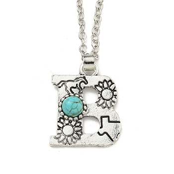 Letter A~Z Antique Silver Plated Alloy with Synthetic Turquoise Pendant Necklaces, with Iron Cable Chains, Letter B, 18.70 inch(475mm), Letter B: 26x20mm