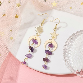 Moon & Sun & Star Brass Asymmetrical Earrings, Natural Amethyst Chips Tassel Earrings, 76~85x18mm