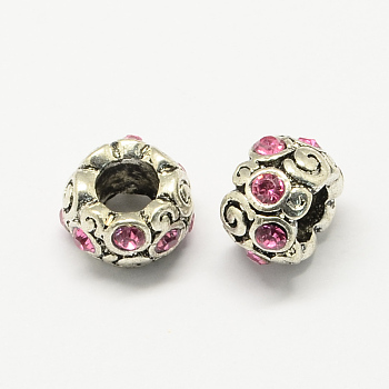 Alloy Rhinestone European Beads, Rondelle Large Hole Beads, Antique Silver, Rose, 11x8mm, Hole: 6mm