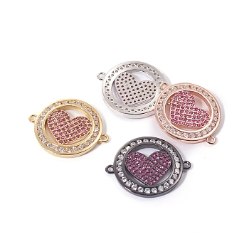 Brass Micro Pave Cubic Zirconia Links connectors, Flat Round with Heart, Deep Pink & Clear, Mixed Color, 20x24.5x2.5mm, Hole: 1.2mm