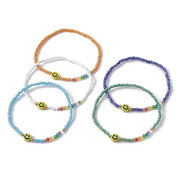 Acrylic Smiling Face & Seed Beaded Stretch Bracelet, Mixed Color, Inner Diameter: 2 inch(5.2cm)