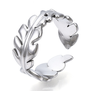 304 Stainless Steel Leaf Open Cuff Ring for Women, Stainless Steel Color, US Size 6 3/4(17.1mm)