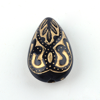 Teardrop Plating Acrylic Beads, Golden Metal Enlaced, Black, 18x11.5x7.5mm, Hole: 1.5mm