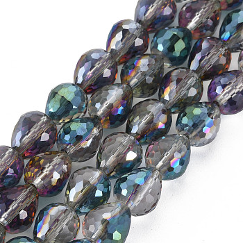 Electroplate Glass Beads Strands with Faceted, Teardrop, Colorful, 10x9.5mm, about 60pcs/strand, 23.62 inch(60cm)