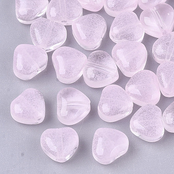 Transparent Spray Painted Glass Beads, Heart, Imitation Jelly, Pink, 6x6x4mm, Hole: 0.9mm