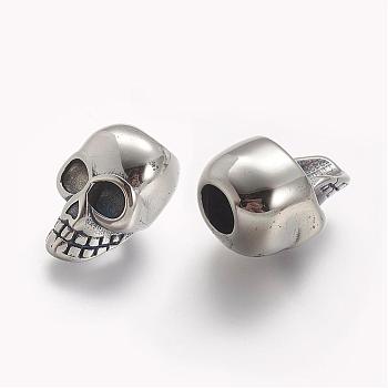 304 Stainless Steel Beads, Skull, Large Hole Beads, Antique Silver, 20x13x13mm, Hole: 6mm