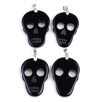 Halloween Themed Natural Agate Big Pendants, with Platinum Plated Brass Pinch Bail, Dyed, Skull, Black, 50~53x35~36x5~6mm, Hole: 6.5x4mm