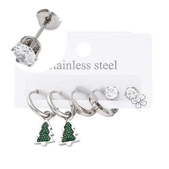 3 Pairs 3 Styles Christmas 304 Stainless Steel Hoop & Studs Earrings Set for Women, with Rhinestone & Cubic Zirconia, Stainless Steel Color, Christmas Tree, 13~26x2~8.5mm, 1 pair/style